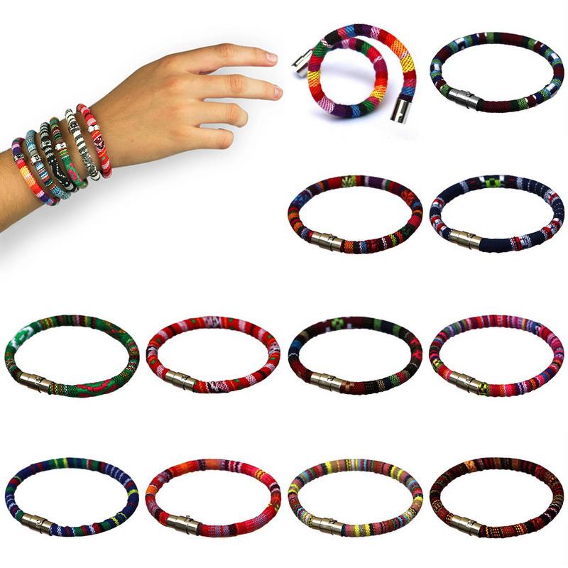 Браслет из нержавеющей стали с магнитной пряжкой, унисекс, в стиле бохо, плетеный хлопковый браслет-манжета ручной работы для мужчин и женщин, браслет на щиколотке для серфера, браслет, браслет