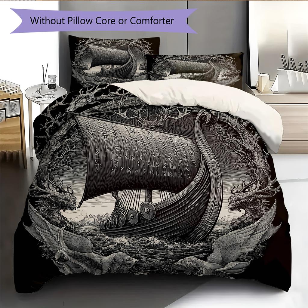 Постельное белье с узором «Драккар викингов» Домашний декор Подарок на день рождения (1 пододеяльник + 2 наволочки, без наполнителя)