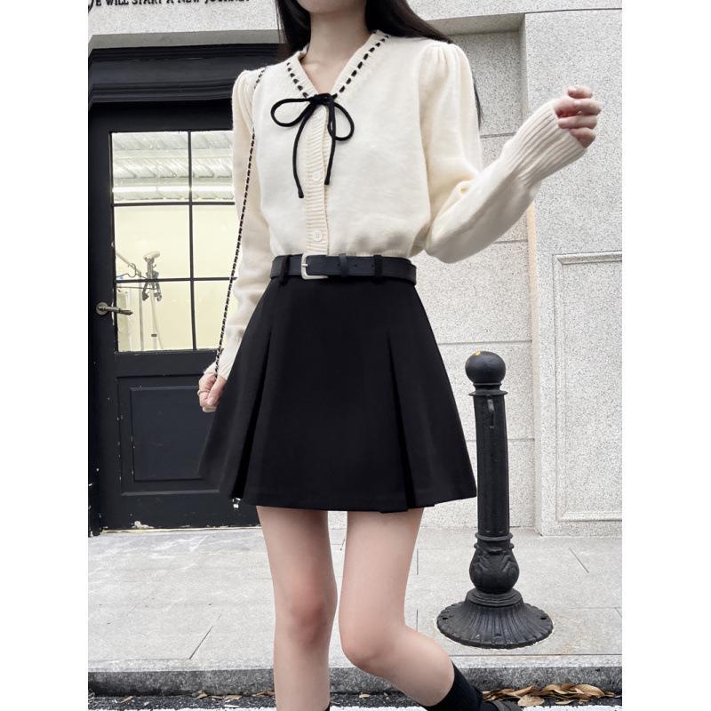 2024 Осень/Зима Юбка миди А-силуэта со складками, с высокой талией, из смесовой шерсти в британском стиле