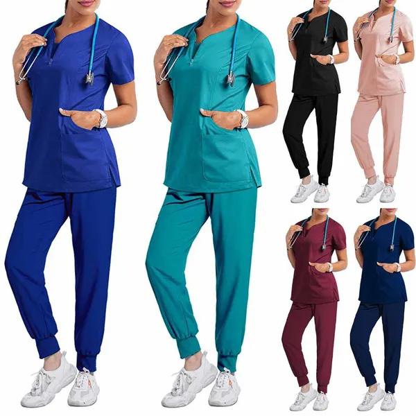 Two Piece Womens Ladies Short Sleeve Nurse Scrub Tops T-Shirt+Pants Sets Hospital Medical Nursing Uniform Outfits