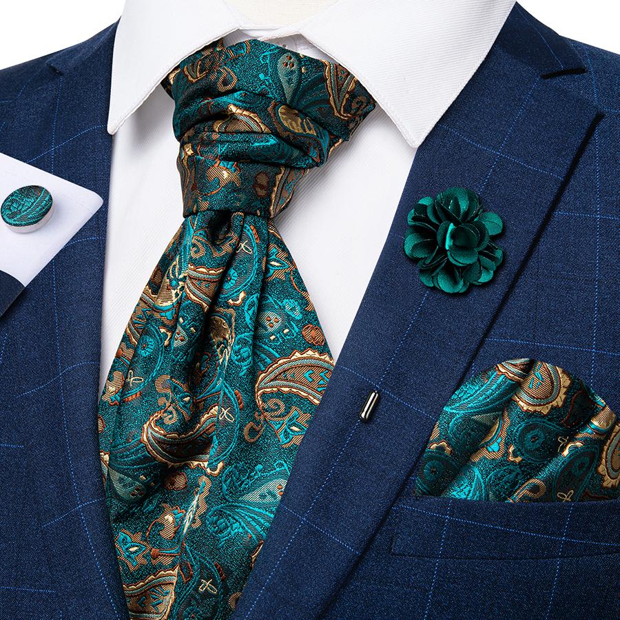 Men's Acot Tie with Boutonniere Floral Paielsy Silk Tie Hanky Cufflinks Luxury Ascot Tie Set Dibangu