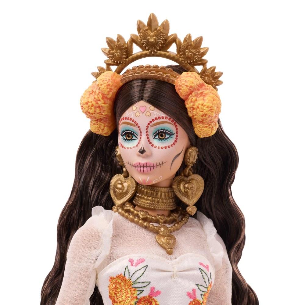 Коллекция Barbie День Мертвых 2025 Кремовое платье с оборками, лентами с бархатцами, цветочной короной, макияжем лица «Калавера»