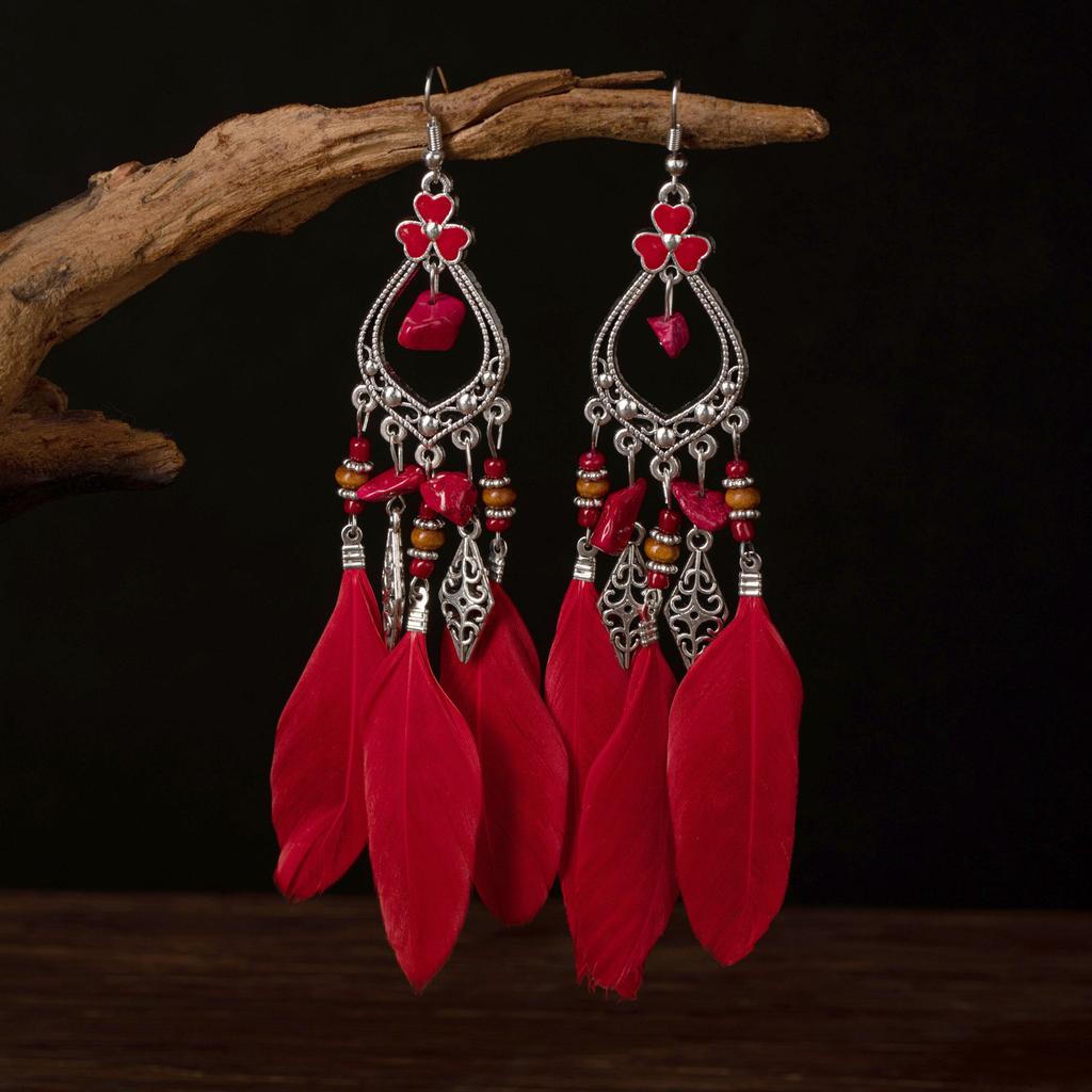 Этнический стиль длинные серьги с перьями и бахромой красные женские модные ретро-серьги в национальном стиле праздничные фотоукрашения
