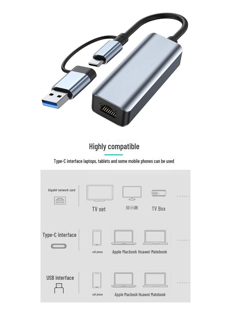 USB Type-C To RJ45 Gigabit Ethernet Adapter - Driver-Free Network Cable Converter for Laptop