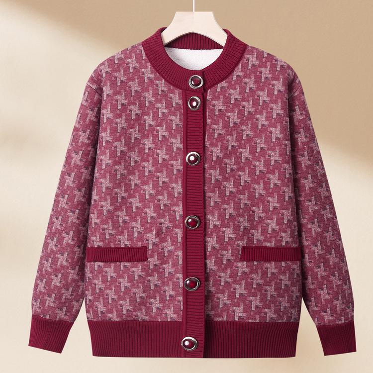 Мамин зимний свитер Кардиган для женщин среднего и пожилого возраста Зимние топы Дедушка Бабушка Карман Повседневный Модный Свитер