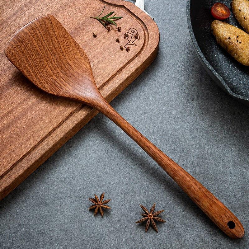 Solid Wood Spatula Ebony Household Heat-resistant Frying Spatula Wooden Soup Ladle Spatula Spoon Set Without Paint and Wax