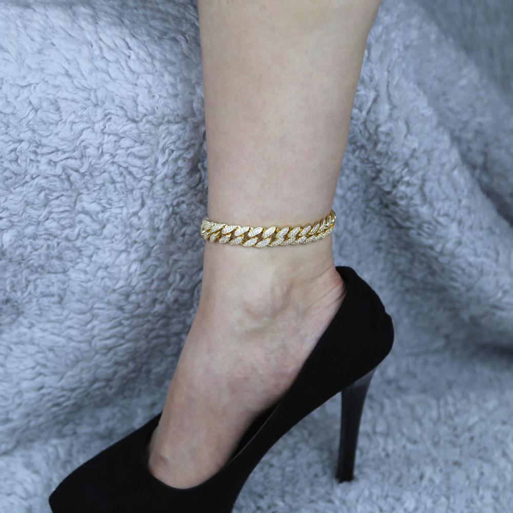 Hip-hop Punk Style 12mm Zircon Cuban Chain Anklet with Copper Design Silver/Rose Gold Plated Women's Foot Jewelry Gift