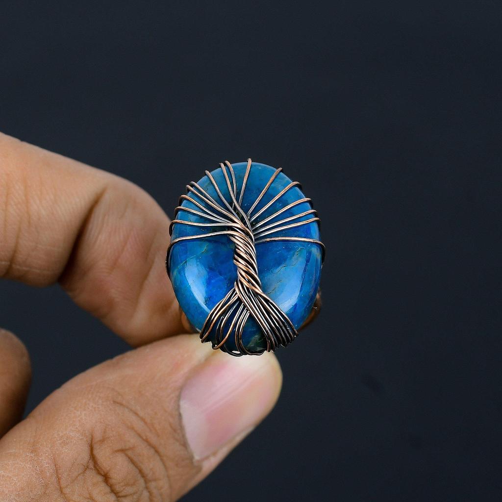 Tree Of Life Neon Blue Apatite Gemstone Copper Wire Wrapped Handmade Jewelry Ring For Her