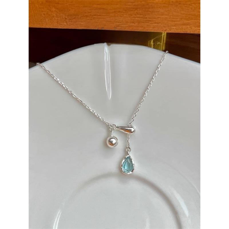 925 Sterling Silver Blue Water Drop Necklace Adjustable Clavicle Chain Ins Silver Necklace
