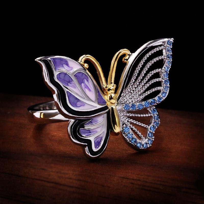 Luxury 925   Wedding Band Rings for Women Enamel Cute Elegant Butterfly Rings Blue Zircon Rings Party Jewelry Gift