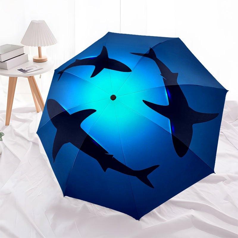 Ocean Blue Shark Silhouette Wall Art Decor Umbrella, Cute Umbrella with Cute Design, Portable 3-Fold Compact Umbrella for Men & Women, Valentine's Day