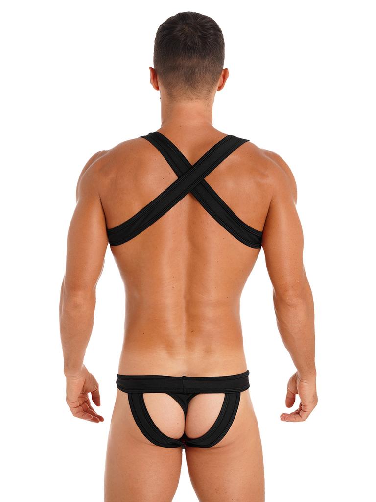 Mens Contrast Trim Chest Harness Jumpsuit Bulge Pouch Design One-Piece Bodysuit Jockstrap Underwear for Cosplay