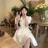 Милое платье с оборками и короткими рукавами, новое, для женщин, на бретельках, с завышенной талией, V-образным вырезом, юбкой принцессы