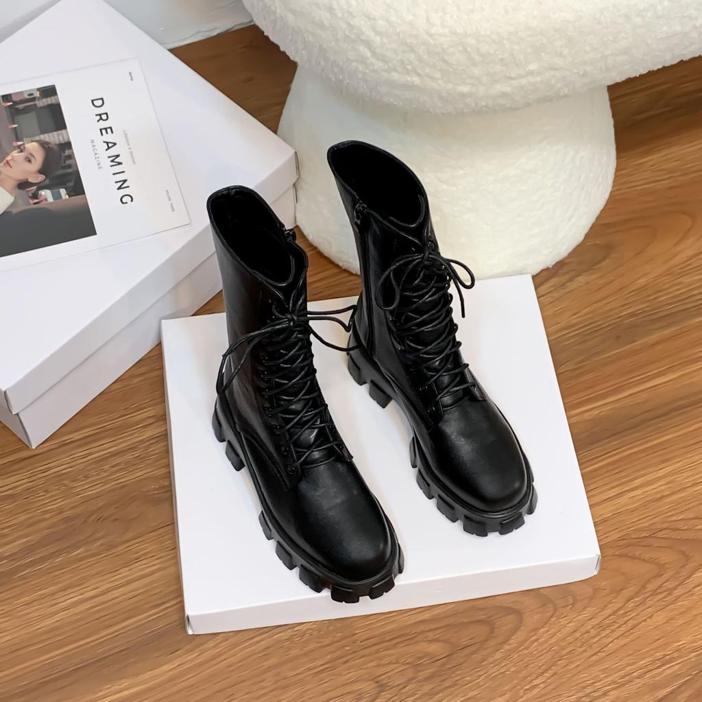 Internet Celebrity Same British Style Thick-soled Martin Boots Small Thick-soled Heightening Women's Boots Front Lace-up Cool Medium Boots