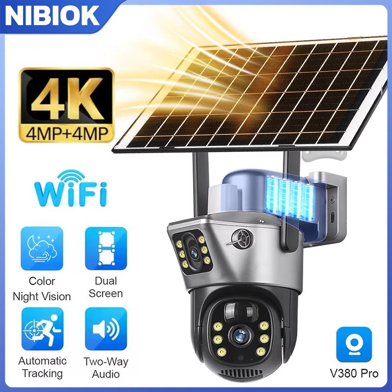 NIBIOK Dual Screen 8MP WiFi Solar Camera Dual Lens Battery WiFi PTZ Cam Human Auto Tracking Motion Detection V380 PRO Security Cameras