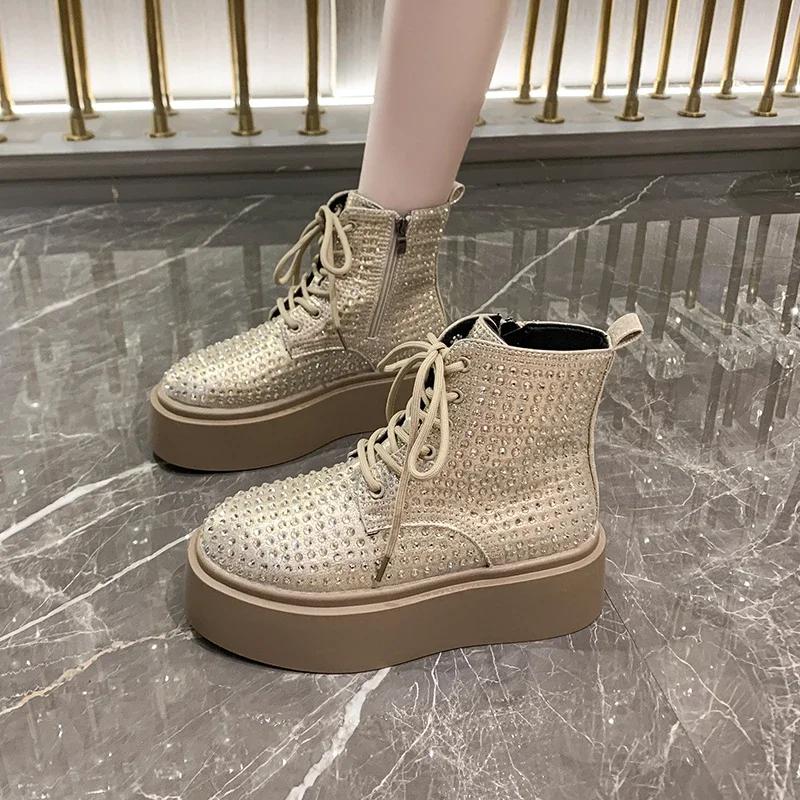 Fashion Luxury Crystal Platform Ankle Boots Flats Women Shoes Winter Sneakers 2025 Trend Designer New Chelsea Boots Elegant Botas Mujer