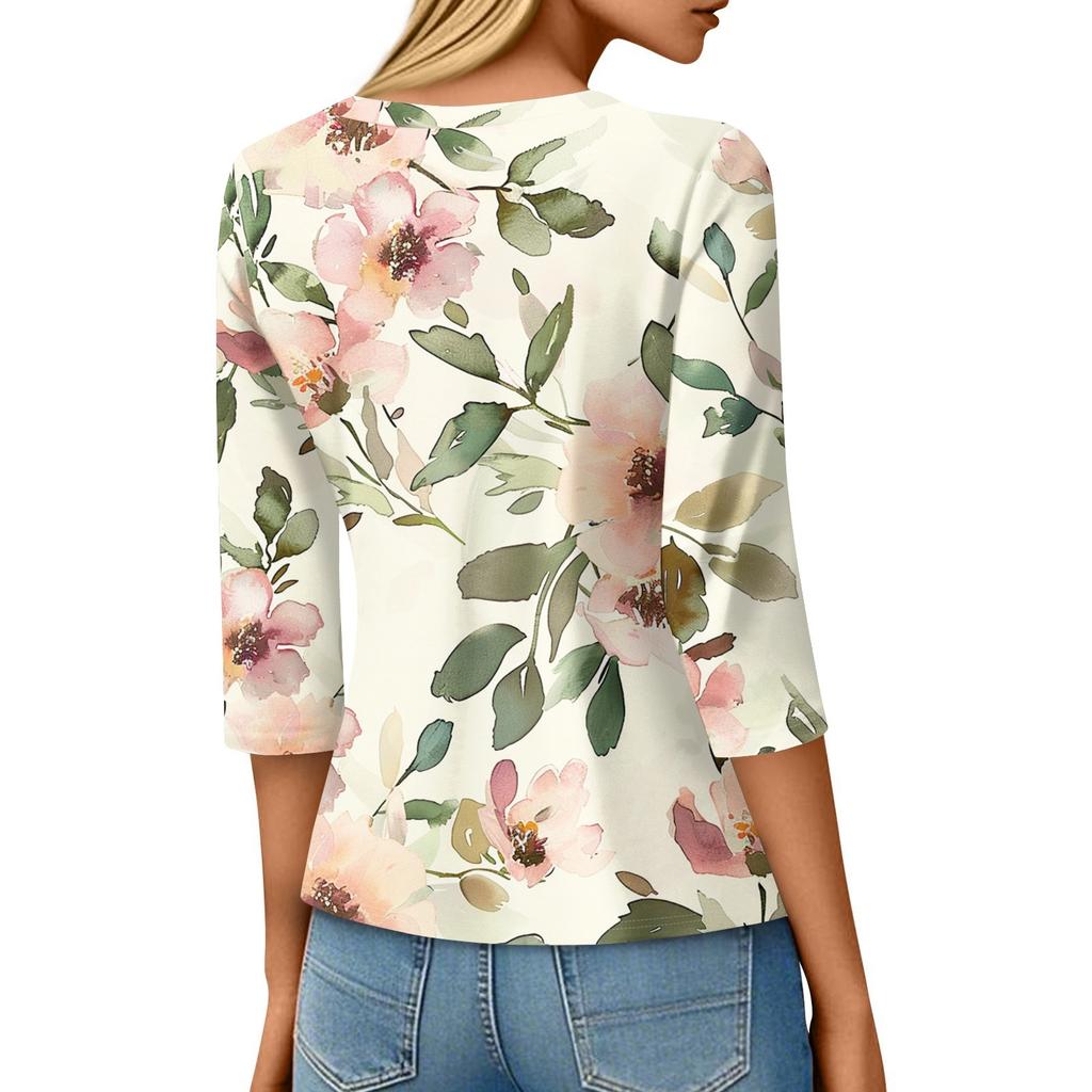 Женская модная повседневная футболка с круглым вырезом и принтом 3/4