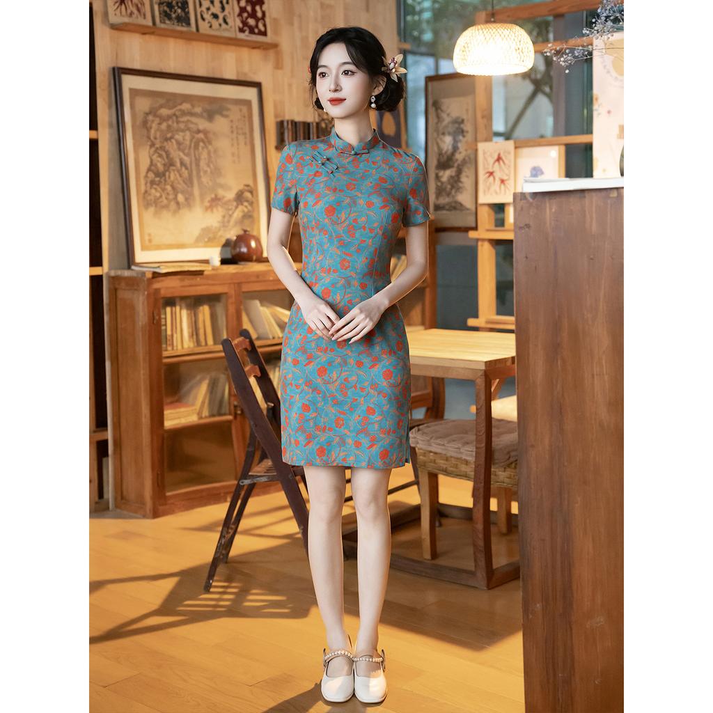 New Chinese elegant stand-up collar jacquard short-sleeved cheongsam dress women's summer temperament small short cheongsam daily wear
