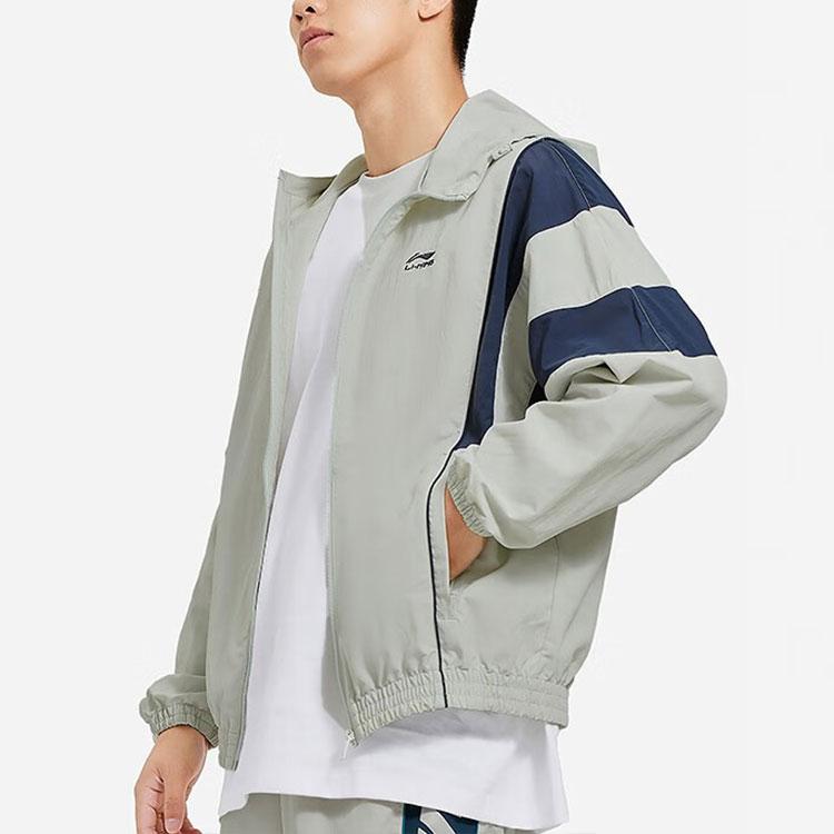 Li Ning Sport Trend Series Woven Color Block Splicing Logo Embroidery Zipper Hooded Long Sleeve Jacket Men Jackets Gray AFDT531-1