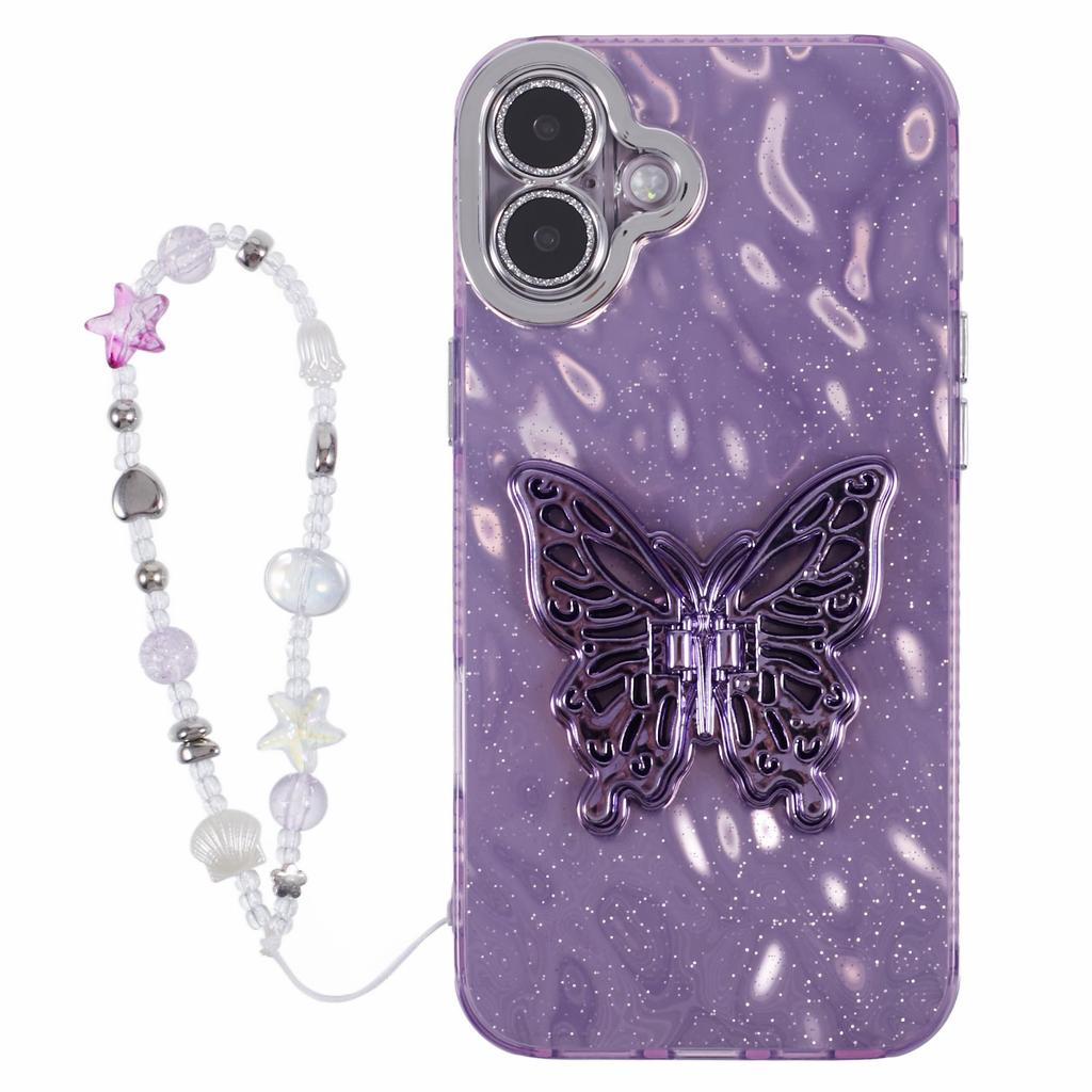 For iPhone 16 Case Butterfly Kickstand PC+TPU IMD Phone Cover with Lens Film / Beaded Strap - Feather Pattern / Pink