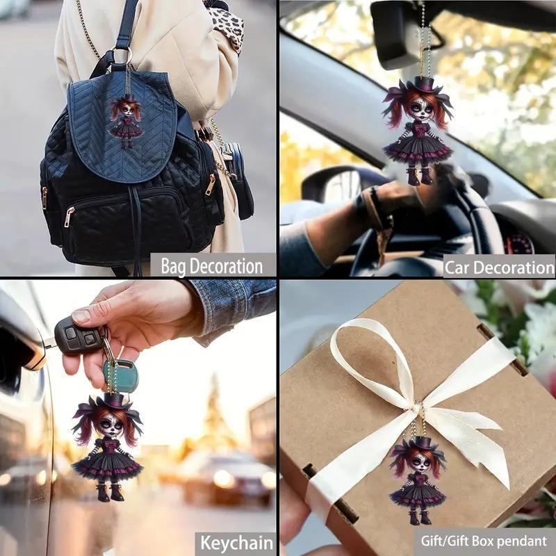 Halloween New Pumpkin Ghost Witch Pendant Girl Flat 2D Rearview Mirror Decoration Night Pendant Keychain Pendant Set Party Decoration