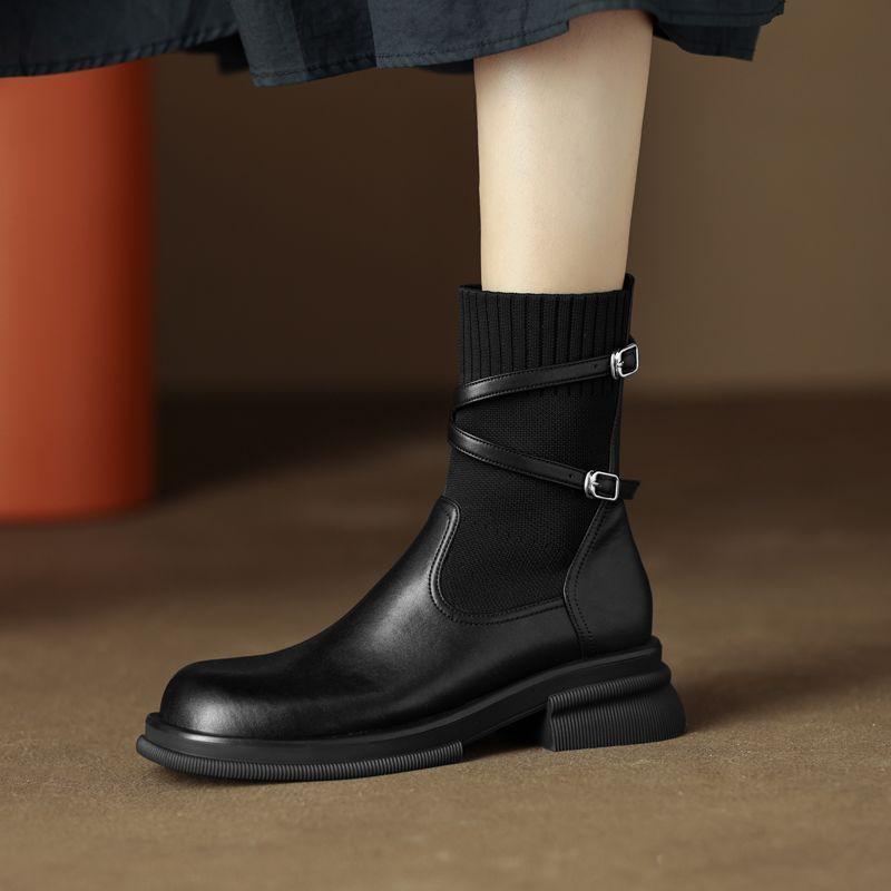Elegant with Medium Heels Sock Ankle Boots for Women Autumn Winter Round Toe Elastic Booties Chic Luxury Woman Short Shoes