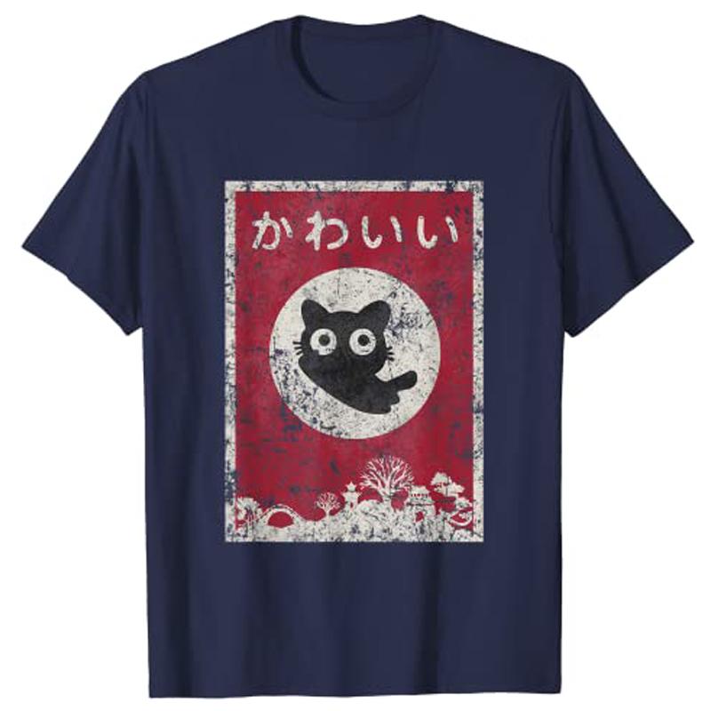 Кавайная Кошка Японская Черная Аниме Кошка Футболка T-Shirt Женская Одежда Y2k Унисекс Га Графическая Одежда Повседневные Топы Мультяшная Футболка Личная