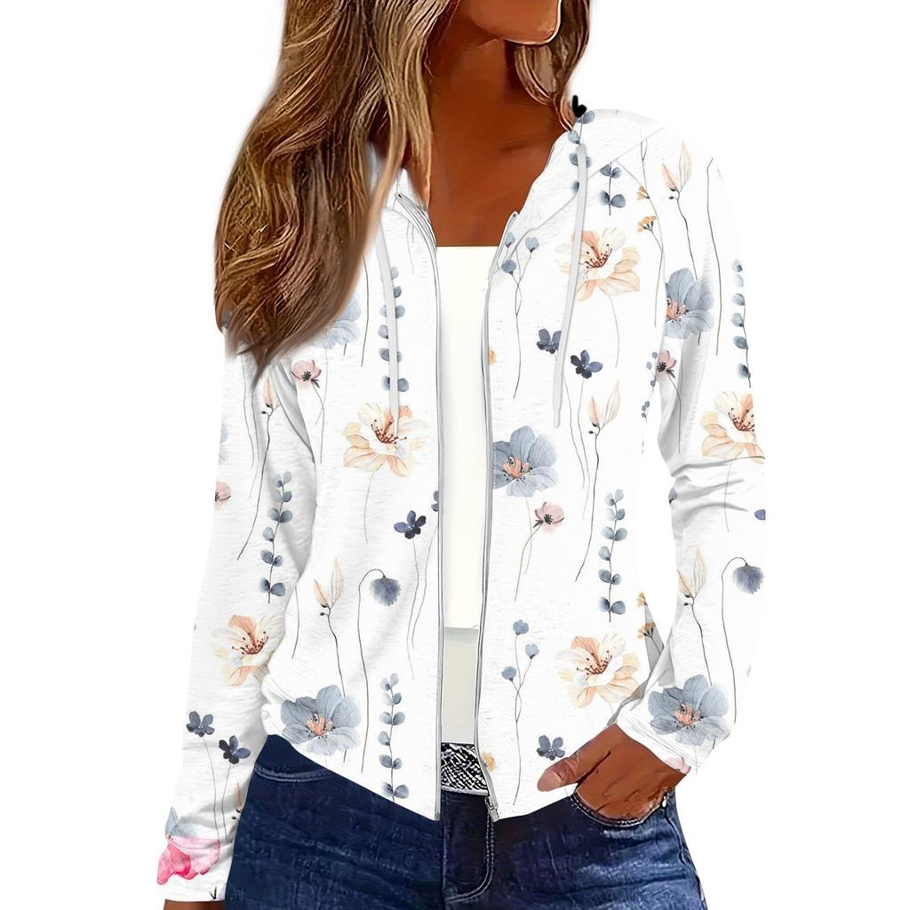 Women's Fashion Casual Zip Up Hooded Print Long Sleeve Sweatshirts Coat