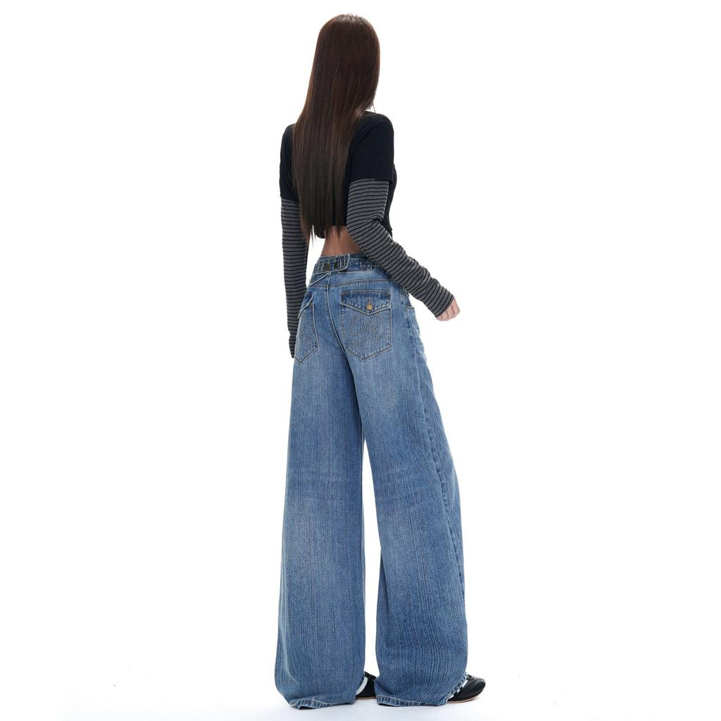 American retro Paris buckle design wide-leg jeans women's autumn new loose and thin straight pants