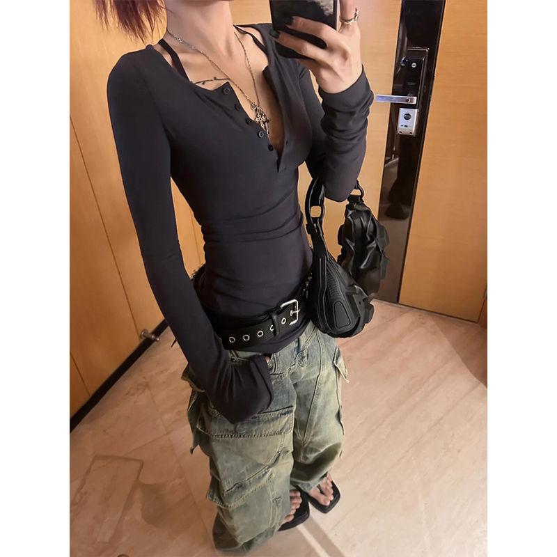 Футболка Karrcat Trashy Y2k Button T Shirt Grunge Aesthetics Black Ribbed Tops Gothic Vintage Harajuku Футболка с длинным рукавом American