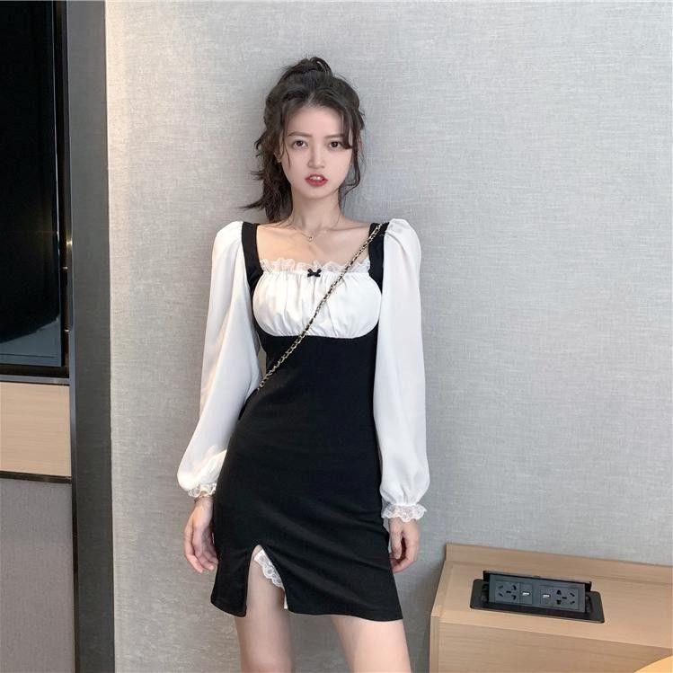 Контрастное платье с квадратным вырезом и кружевными рукавами с разрезом на талии для похудения