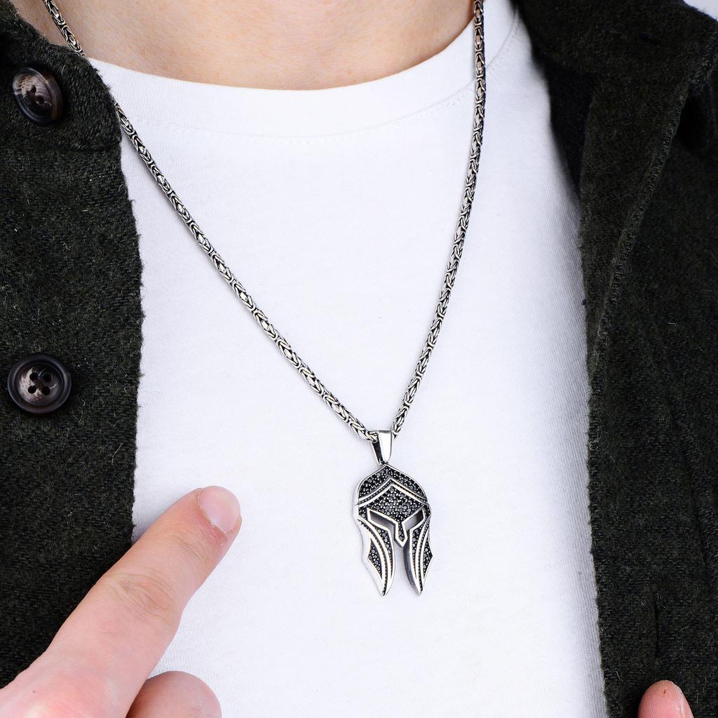 Серебряный кулон в виде спартанского шлема, мужская византийская цепочка, окисленный шлем воина с ониксом, уникальные исторические украшения