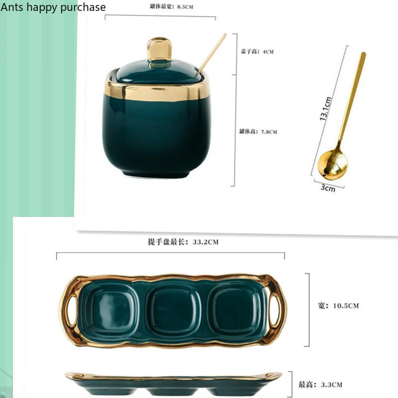 Зеленая керамическая сахарница с соленой банкой глутамата натрия, емкость для приправ, домашнее хранение, три упаковки, бытовая с крышкой-ложкой, ящик для хранения специй