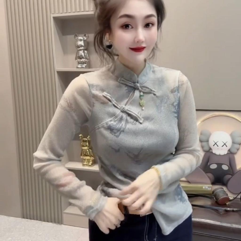 Весенний дизайн, стойка-воротник, футболка тай-дай, новая футболка с длинным рукавом, женская, приталенная, топ в новом китайском стиле