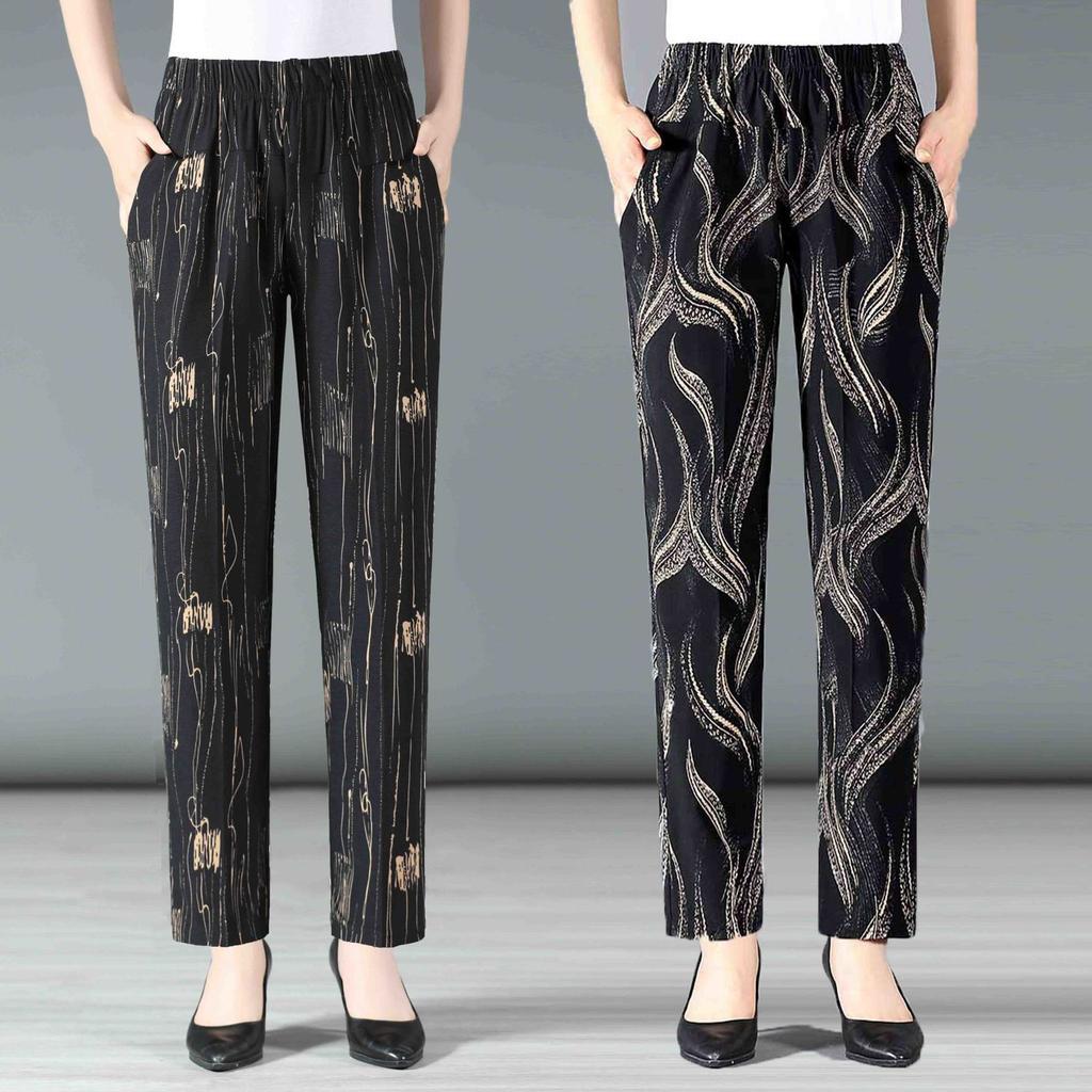 Summer Middle-aged and Elderly Women's Cropped Pants High Waist Elastic Oversized Pants Middle-aged Women's Floral Pants