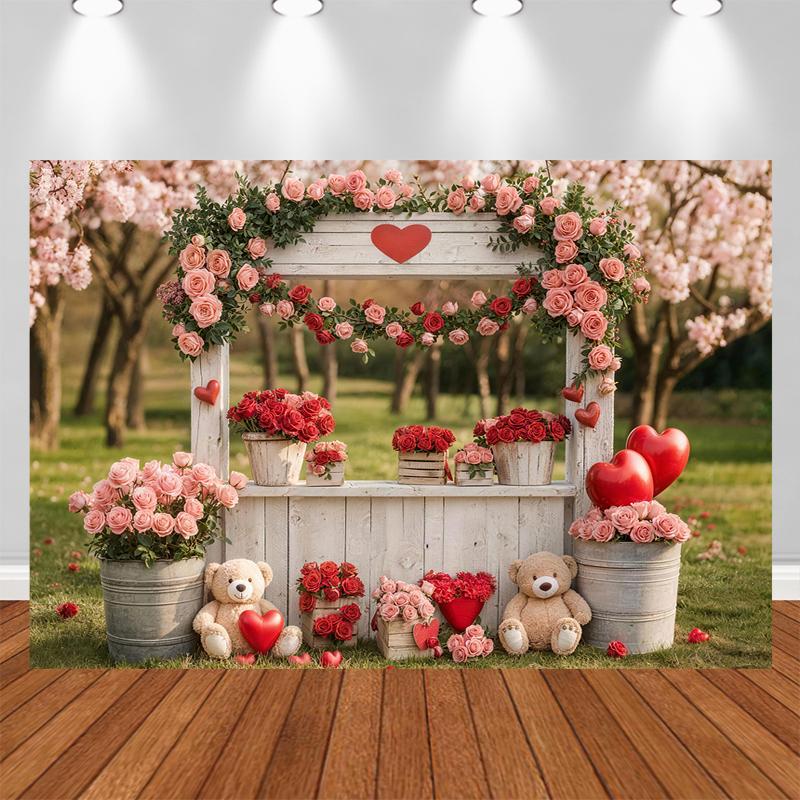 LS Spring Valentine's Day Photography Backdrops Rose Bear Love Decor Children Cake Smash Photocall Background Photo Studio