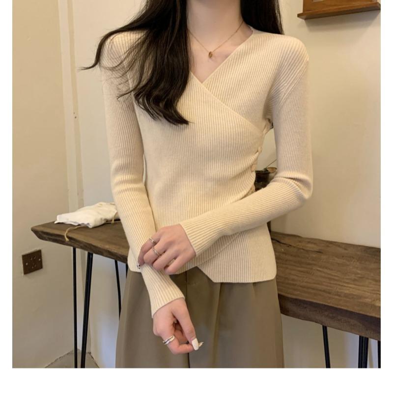 Women S V Neck Long Sleeve Irregular Knit Top Basic Inner Wear