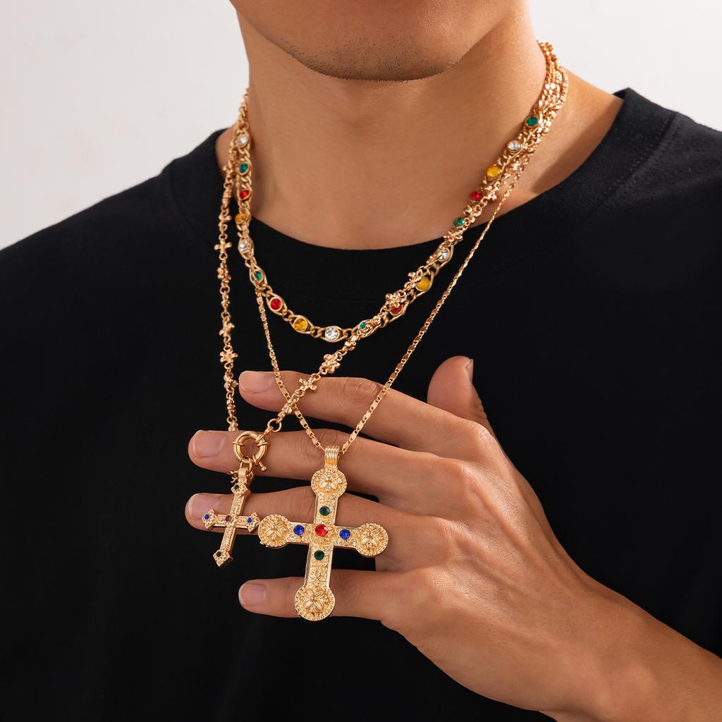 Ingemark Luxury Vintage Rhinestone Chain Imitation Pearl Chain Necklace for Women Punk Cross Pendant Choker Christian Jewelry