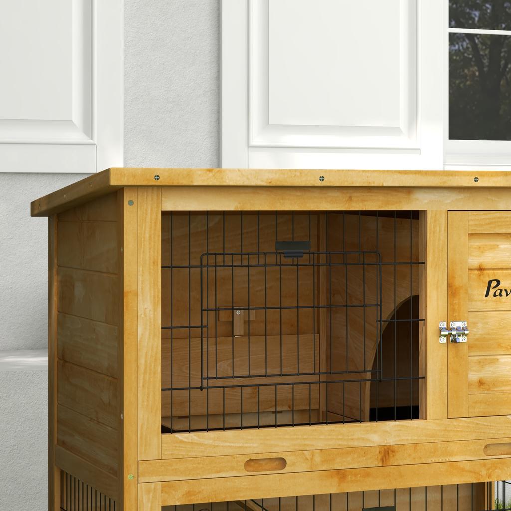 Wooden Rabbit Hutch 2 Levels with 3 Doors Sliding Tray Ramp Asphalt Roof 85 x 50 x 80 cm Yellow