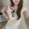 2024 Summer Contrast Bow Short Sleeve Knitted Tee for Women