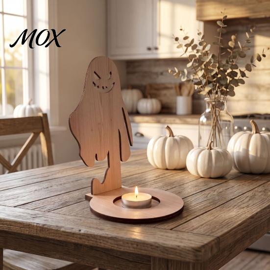 Halloween Candle Holder Wooden Holder, Silhouette Ghost/Bat/Scarecrow/Bat Natural Wood Tealight Stand for Home Table Fireplace Decor Fall Festival