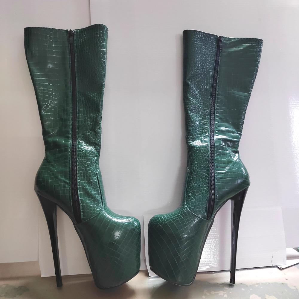 Sexy Women Boots Girls High Heel Boots Pleated Patent Leather Snake Pattern Round Toe Zip Shoes