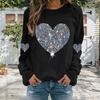 Женские топы с круглым вырезом и длинным рукавом, футболка с блестящими пайетками и принтом в виде сердца, повседневная одежда на весну и осень