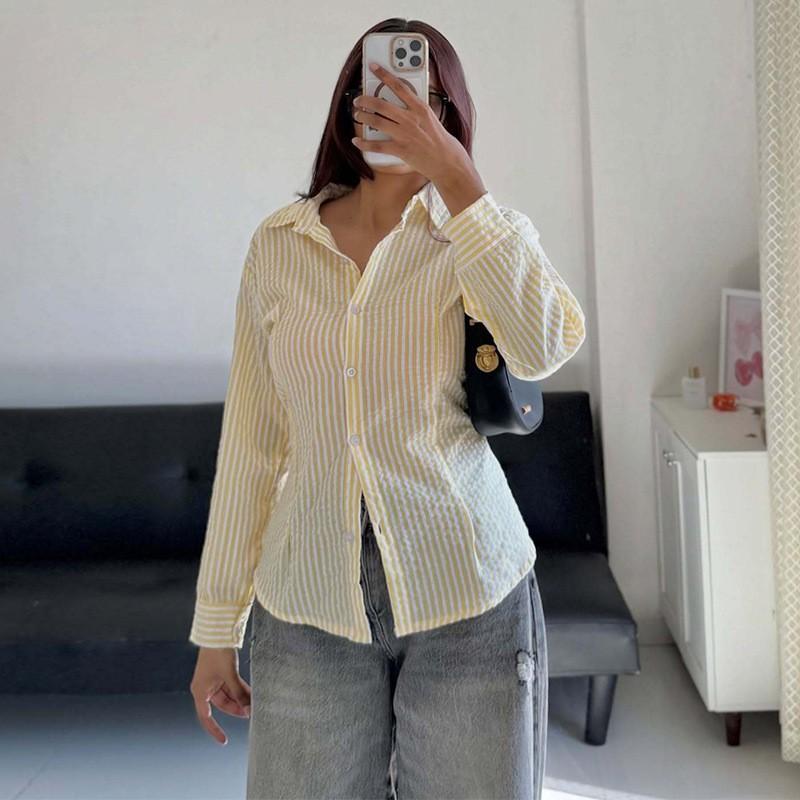 Womens Striped Long Sleeve Shirt 2026 Elegant Commuter Slim Fit Tie Blouse