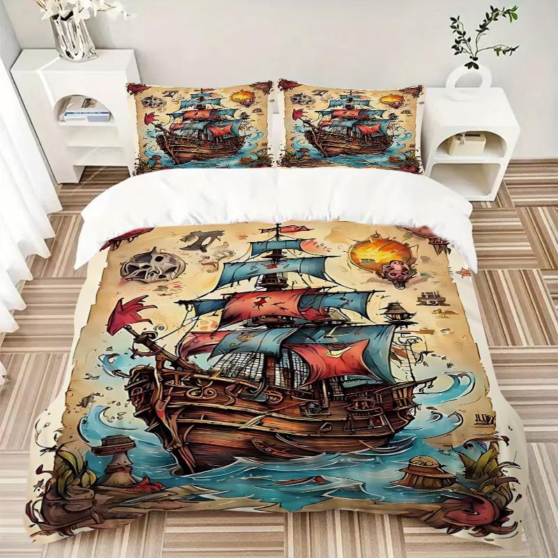 3pcs Pirate Ship Adventure Bedding Set - Includes One Quilt Cover and Two Pillowcases (No Core) - Perfect for Home Decor, Festive Gifts, Polyester Fab