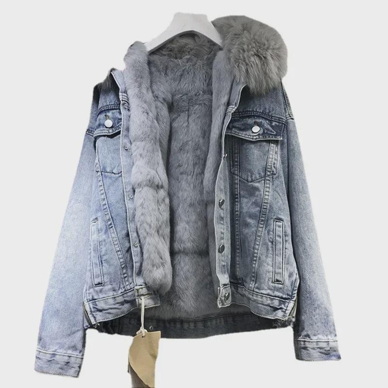 Модная женская джинсовая куртка зимы 2024 года со съемным воротником из меха кролика