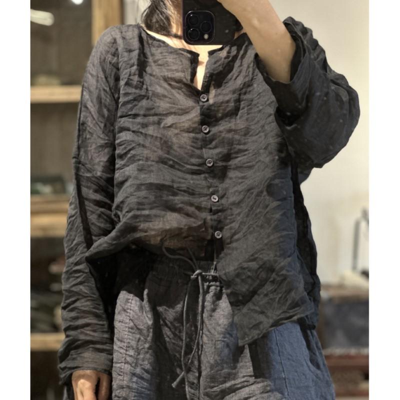 Johnature Женские винтажные рубашки рами, футболки, осенние блузки с круглым вырезом и длинными рукавами, свободные однотонные рубашки высокого качества