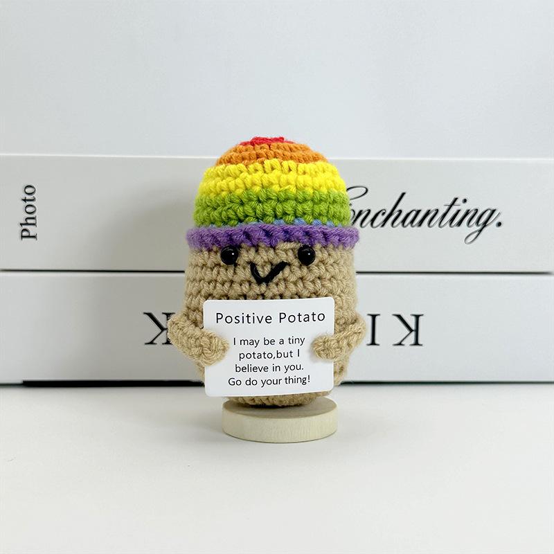 New Positive Crochet Headset Potato Doll with Card for Cheer Up Gifts and Party Decor Handmade Knitted Pencil Doll Desk Ornament