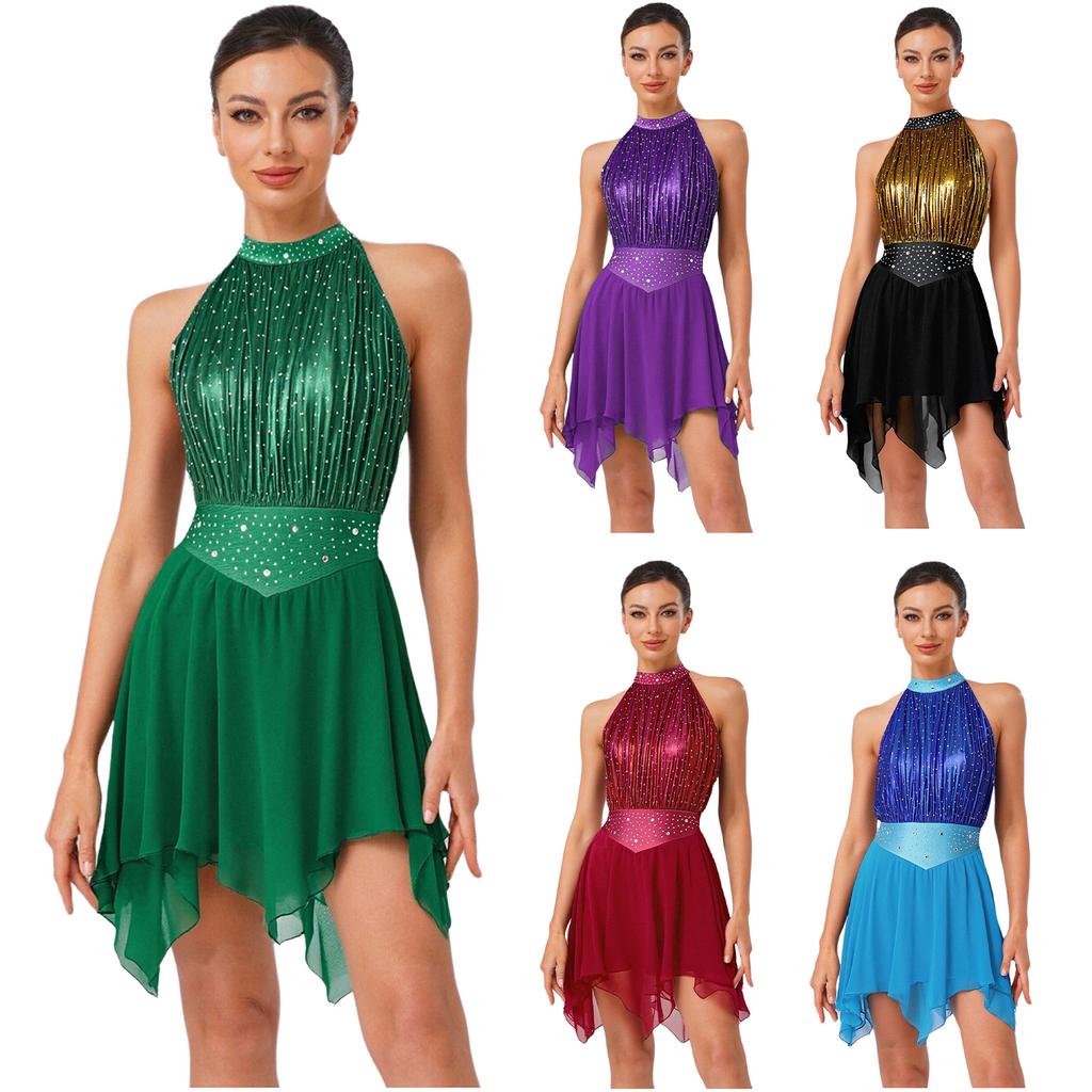 Womens Lyrical Dance Dress Ruched Metallic Mesh Rhinestone Detail Irregular Hem Sleeveless Backless Built In Briefs Leotard