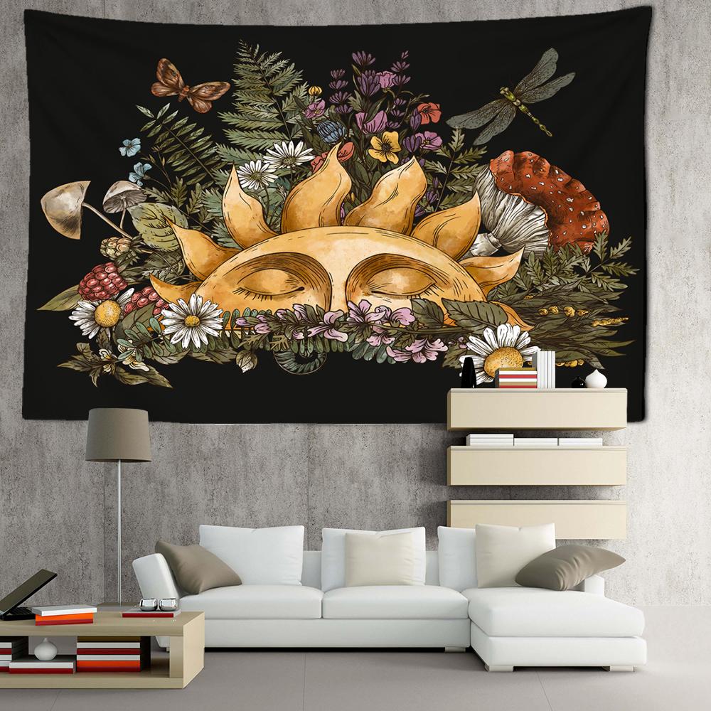 Винтажный гобелен с изображением солнца и растений, настенный гобелен, психоделический, колдовской, хиппи, искусство, общежитие, гостиная, домашний декор